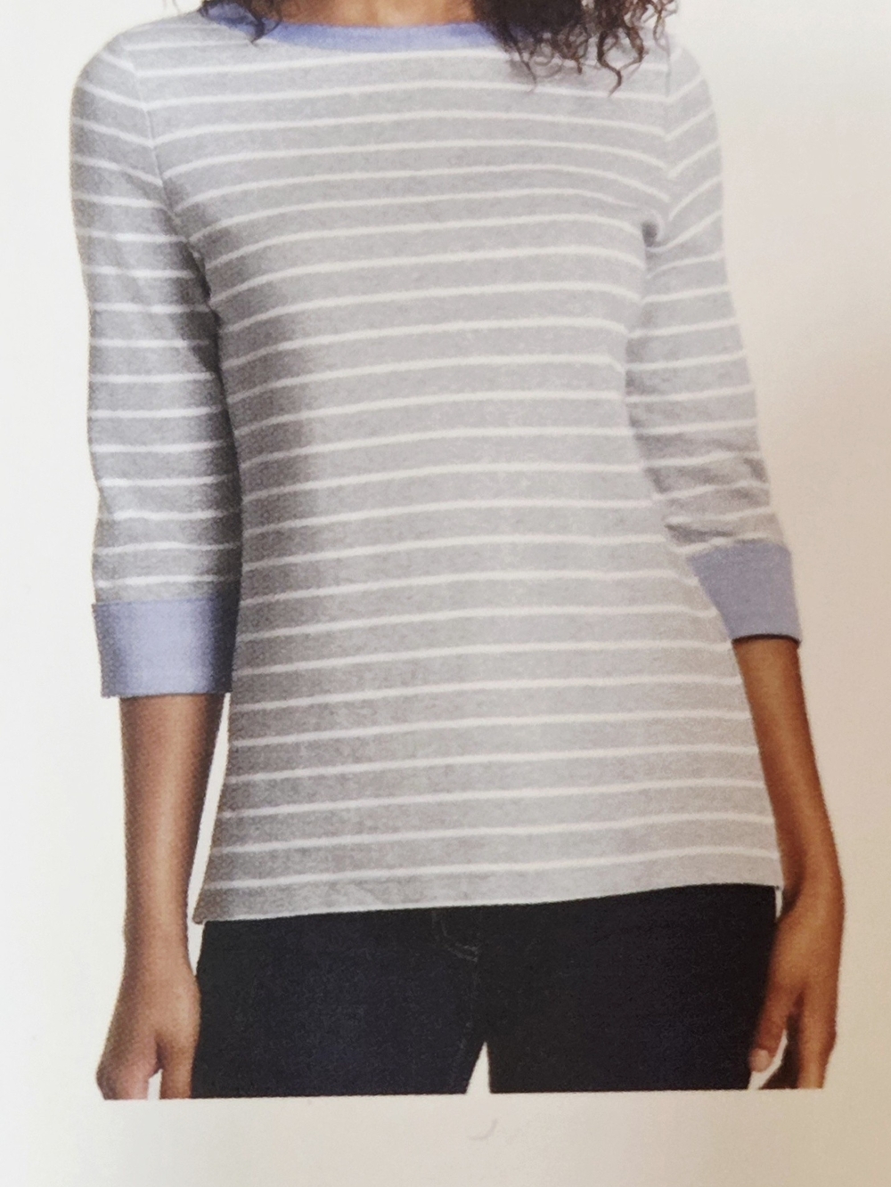 Nautica Gray and White Striped Crewneck Top with Blue Trim
